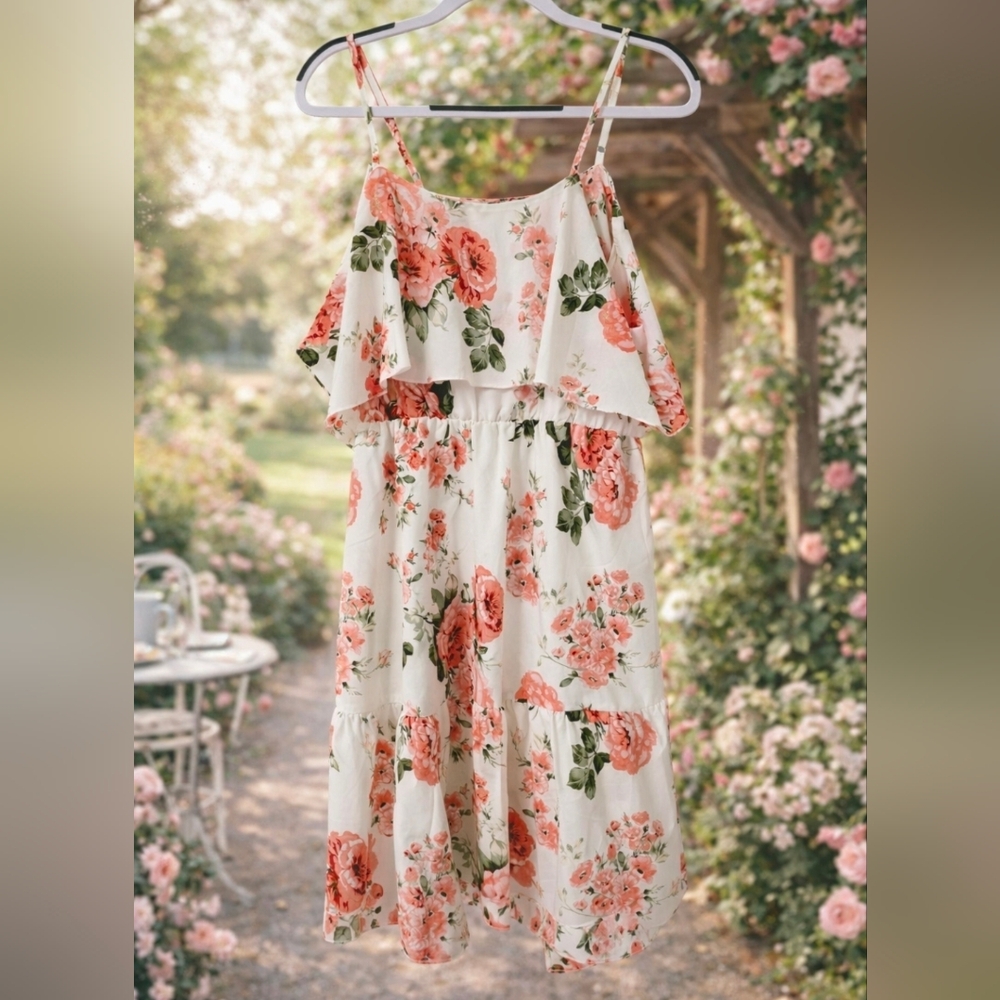 Source Unknown White Floral Ruffle Sundress with Coral Roses